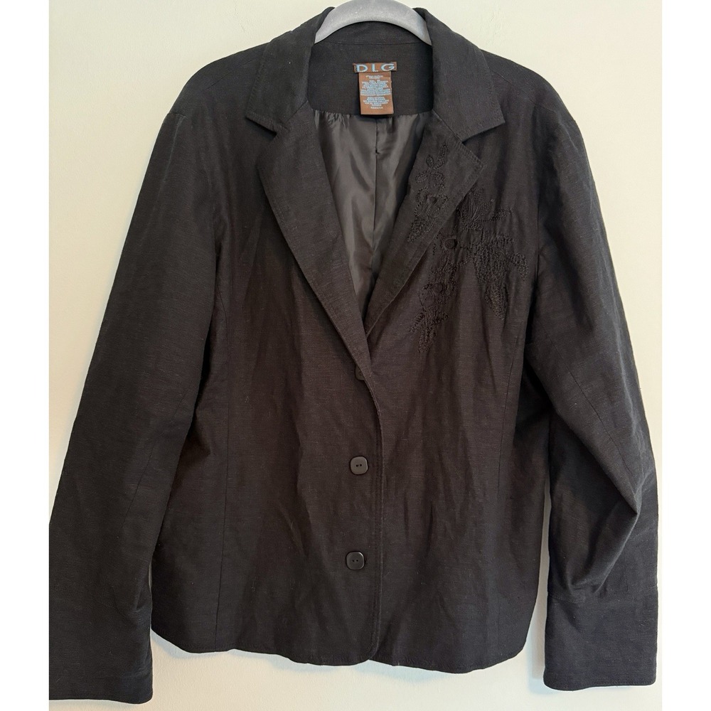 DLG Linen Blazer Jacket size 16 Coat Career Floral Embroidered Black casual